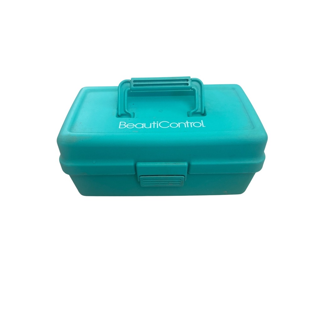 Vintage BeautiControl Teal Makeup Train Case Cantilever Tray Organizer Box 90s
